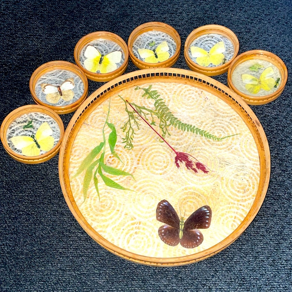 MCM Bohemian rattan bamboo pressed butterfly tray and coasters